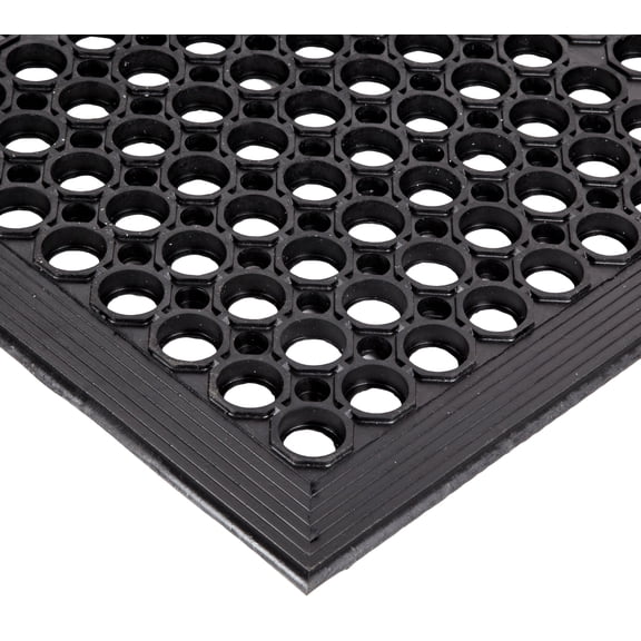 NoTrax Sanitop® 3' x 10' Lightweight Restaurant Rubber Floor Mat with Drainage Holes and Beveled Edges, Anti-Slip Mats, Black, 562S0310BL CA3