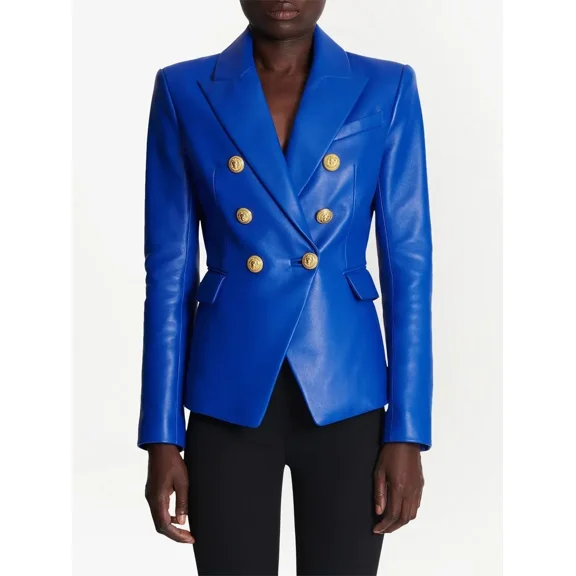 Real Lambskin Leather Genuine Blue Stylish New Button Party Women Classic Blazer