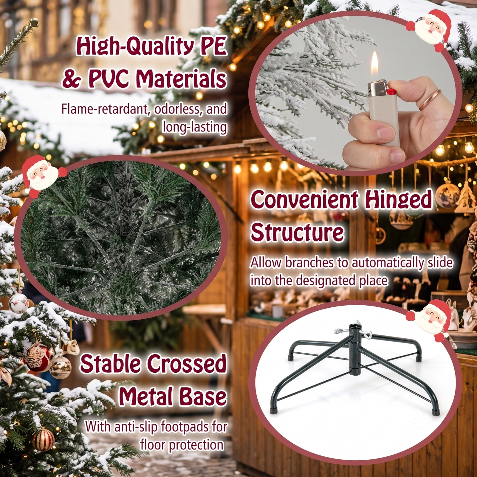RUIE 6 FT Pre-Lit Snow Flocked Artificial Christmas Tree with 250 Warm White LED Lights, Hinged Xmas Pine Tree with Metal Stand for Home Office Holiday, White & Green