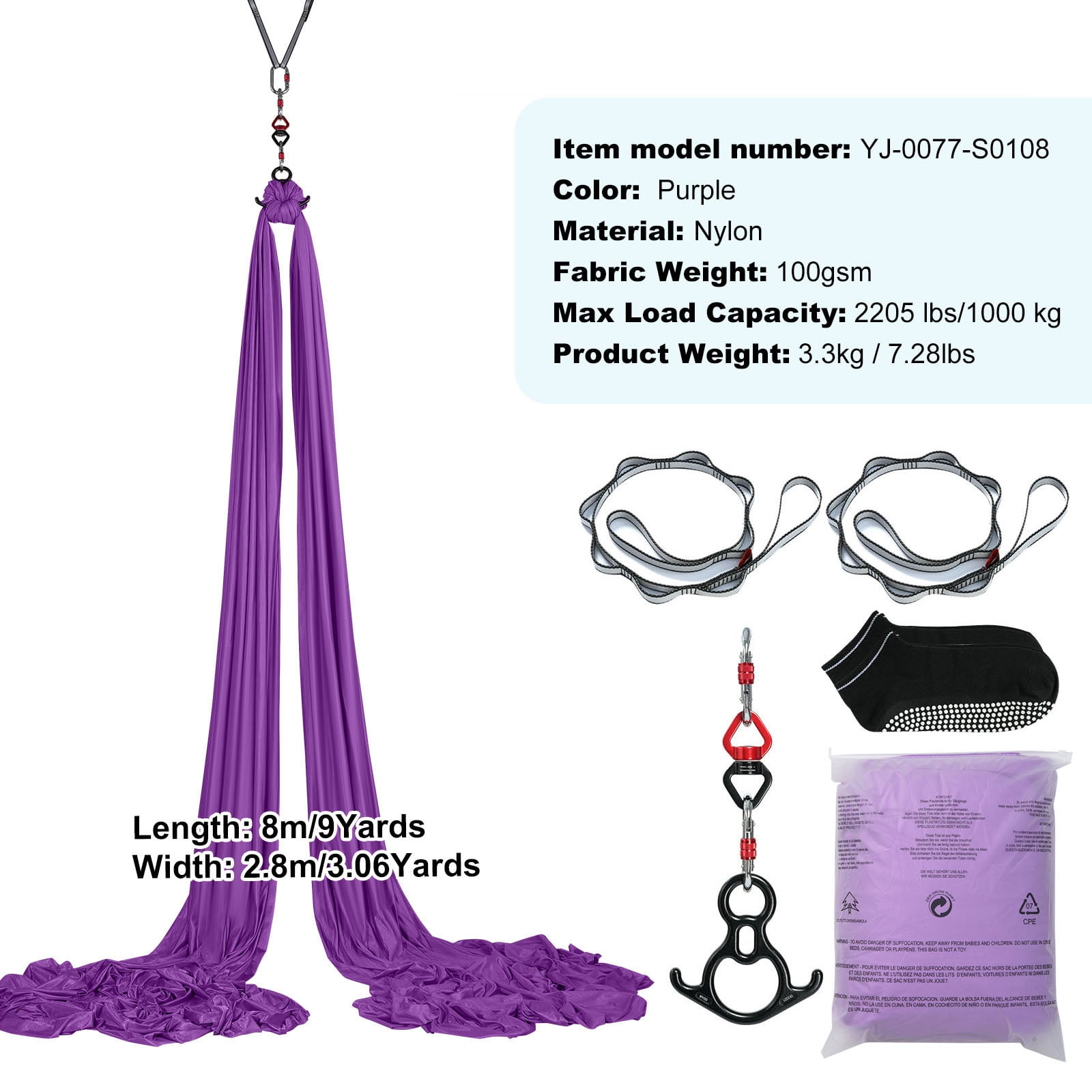 KFFKFF Aerial Silk & Yoga Swing, Aerial Yoga Hammock Kit, Nylon, 9×3.06 yards, Purple