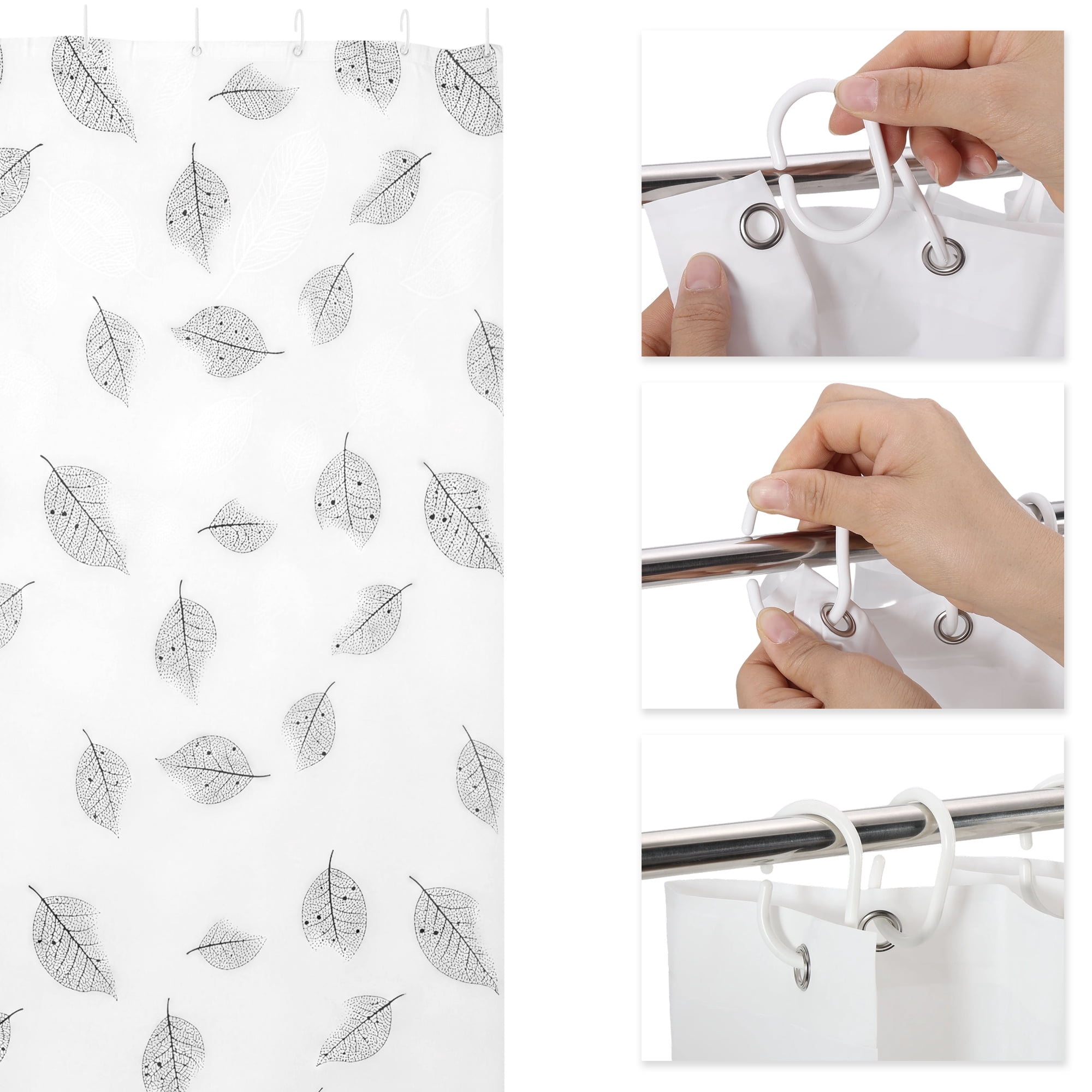 Unique Bargains Leaf Shower Curtain 70.87x70.87 White Light Gray Set for Bathroom