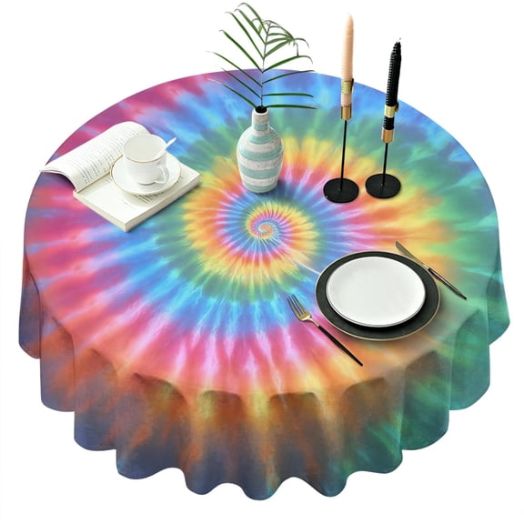 Rainbow Tie Dye Mandala Pattern Round Tablecloth 60"x60",Wrinkle Wipeable Table Cloth for Kitchen Dining Room Picnic Patio Party