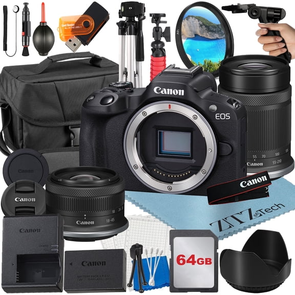Canon EOS R50 Mirrorless Camera with RF-S 18-45mm   55-210mm Lens   64GB Card   Case   Tripod   ZeeTech Accessory (International Version)