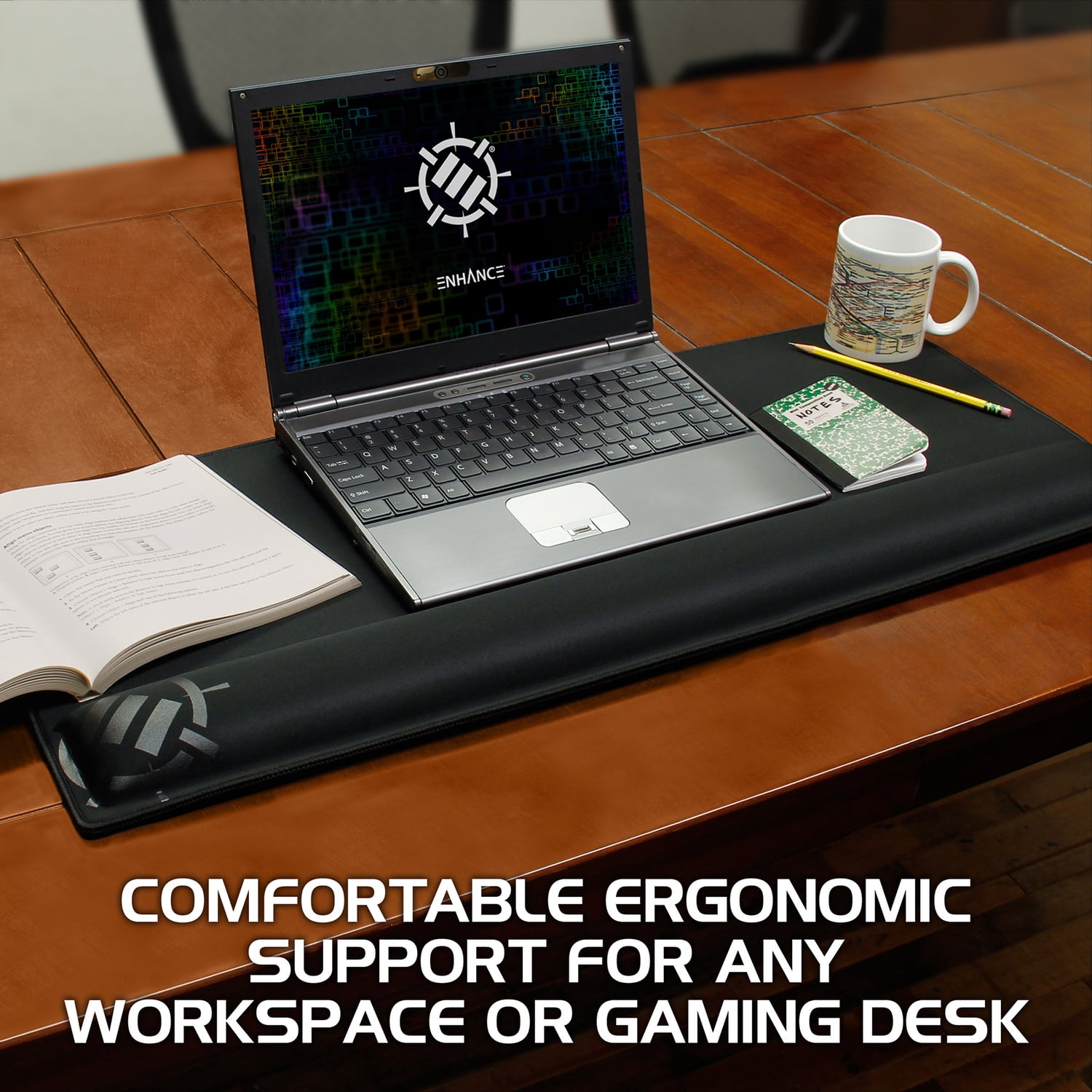 ENHANCE Large Extended Gaming Mouse Pad with Memory Foam Wrist Rest Support (31.5 x 13.78 x 1 inches) - Anti-Fray Stitching & Premium Soft Tracking Mat Surface (Black)