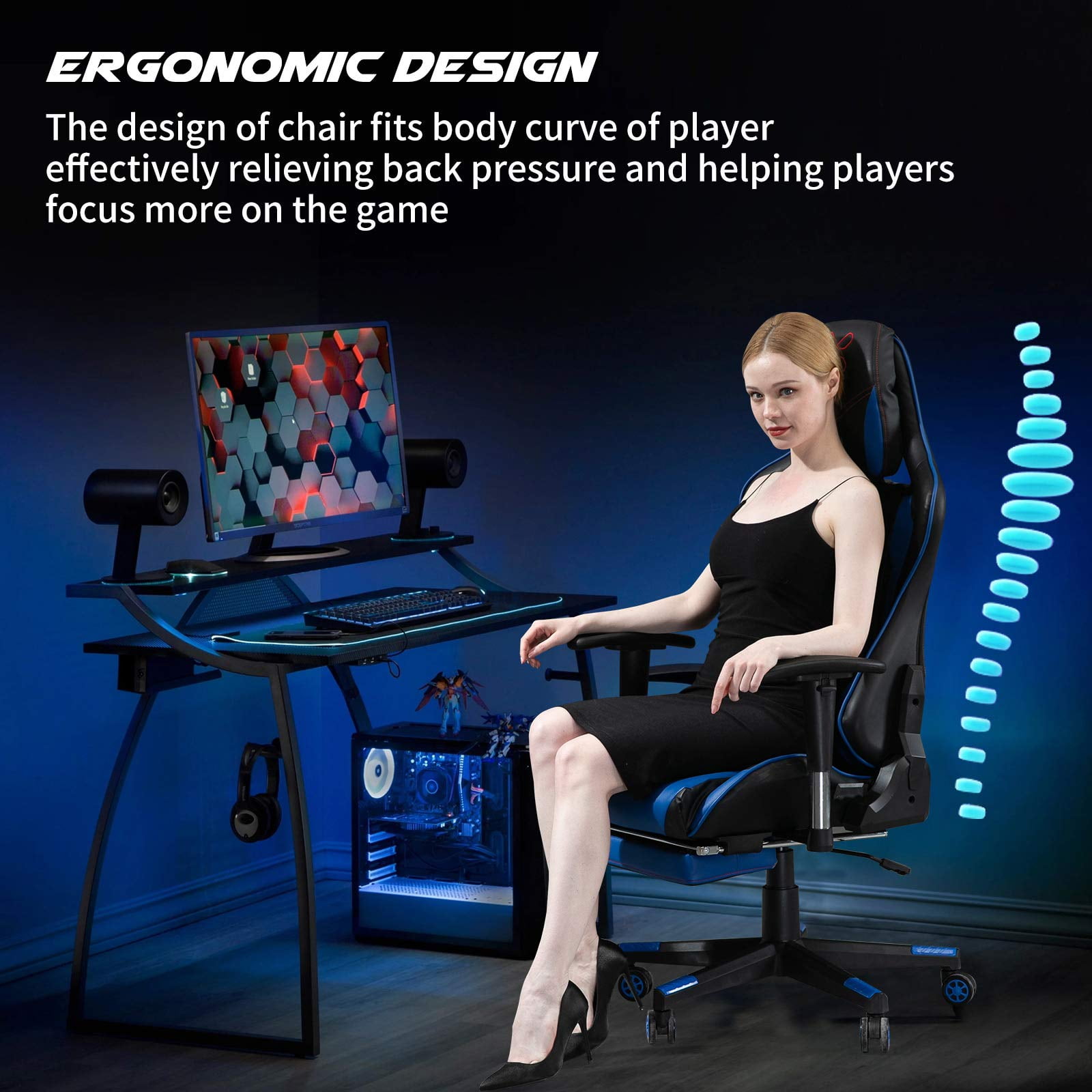 FORCLOVER Blue Leather Reclining Swivel Game Chair with Adjustable Arms and Lumbar Massage Cushion