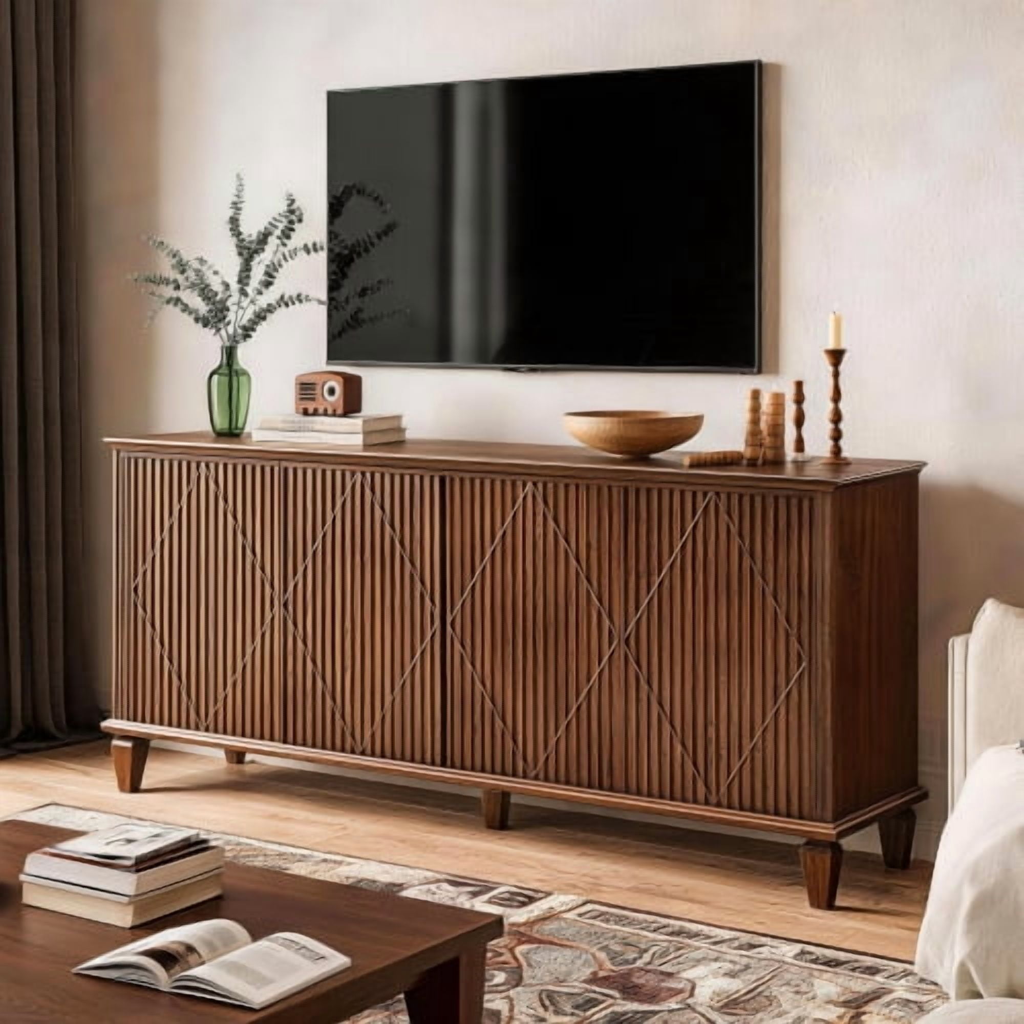 58" Mid Century Modern TV Stand with Carved Geometric Doors, Wood Storage Cabinet, 4-Door Media Console Sideboard for Living Room, Dining Room, Entryway, Walnut