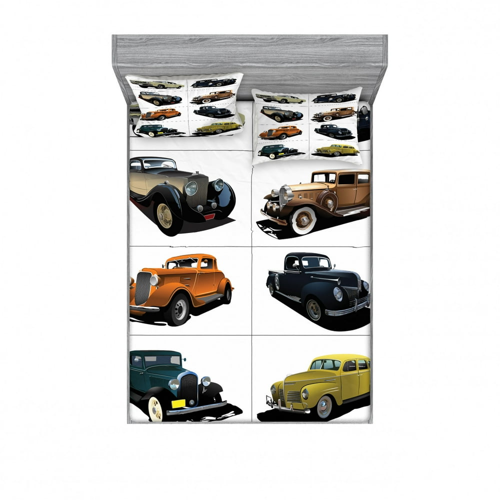 Cars Bedding Set with Sheet & Covers, Rare Fifties Vintage Vehicle Closed Roof Tops Original