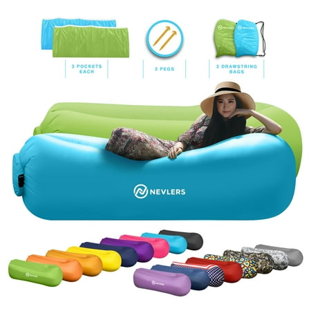 Nevlers Blue & Green Inflatable Loungers | Waterproof Portable Chairs with Matching Bags & Pockets | 2-Pack | 210T Polyester