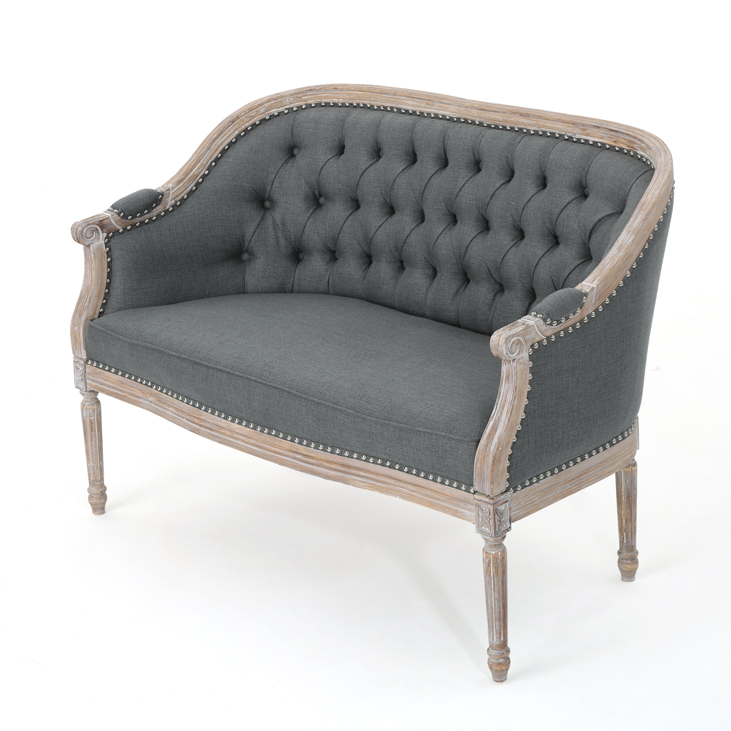 Noble House Sarahbella Fabric Loveseat with Nailhead, Dark Gray