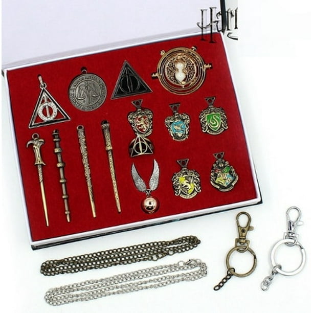 Varita mágica de Harry Potter, insignia de Metal 3D Vintage, llavero, anillo, collar, broche, disfraces, varitas mágicas de Hermione, 15 unids/set