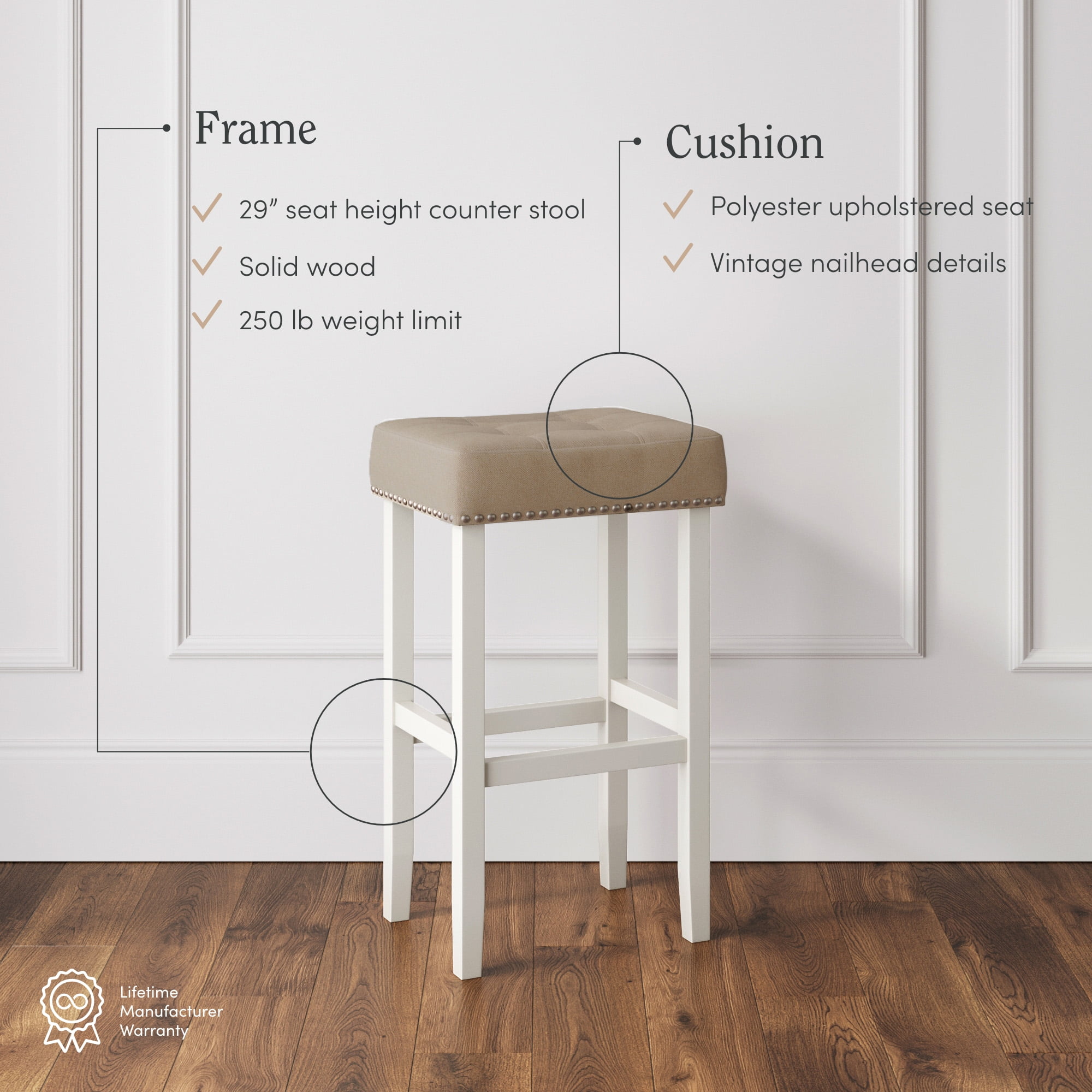 Nathan James Hylie Nailhead Wood Pub-Height Kitchen Counter Backless Bar Stool 29", Natural Flax/White