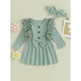 thumbnail image 2 of Bagilaanoe Toddler Baby Girl Fall Dress Ribbed Long Sleeves A-line Princess Dresses Headband 3M 6M 9M 12M 18M 24M 3T Infant Autume Casual Sundress, 2 of 8