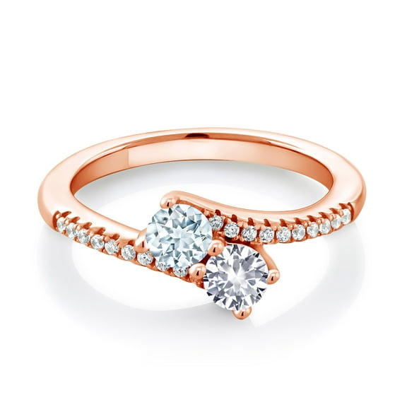 Gem Stone King 18K Rose Gold Plated Silver Sky Blue Aquamarine and White Created Sapphire Bypass Ring for Women (0.74 Cttw, Gemstone March Birthstone, Round 4MM, Size 9)