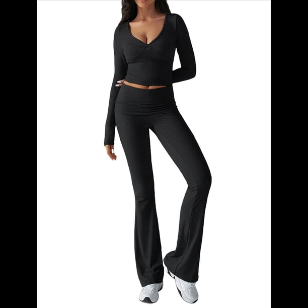 Conjunto Deportivo de 2 Piezas para Mujer, Camiseta de Larga, Pantalones Acampanados con Solapa, Chándal Informal, Color Negro, Talla L