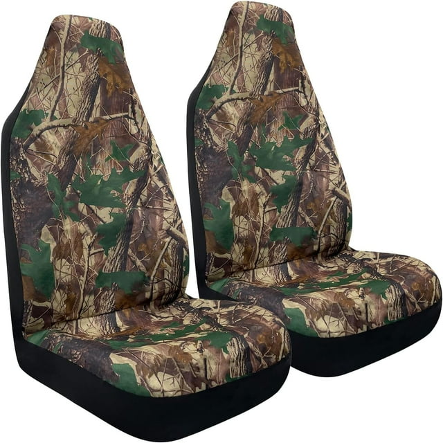 Camo Universal Front Car Seat Covers Highback Bucket Seat CoversFit Most Cars Trucks SUVS Vans Auto Fabric Seat Covers Camouflage Forest Pattern Car Seat Protector