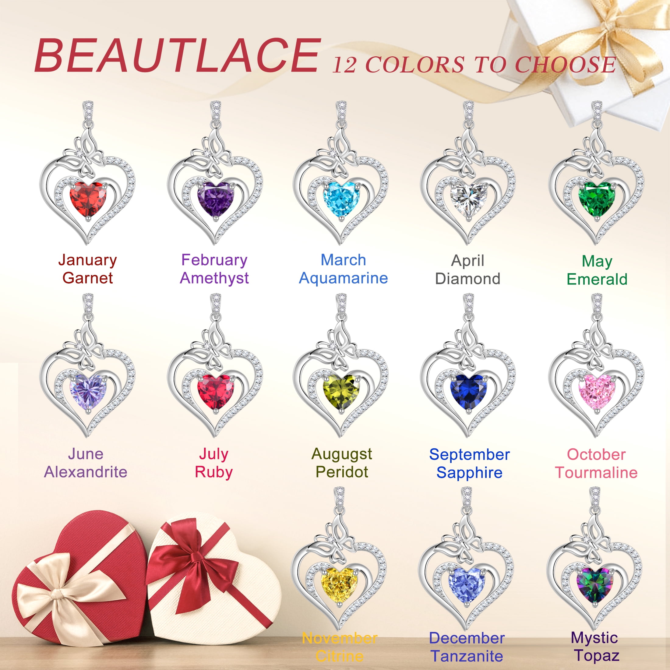Beautlace 925 Sterling Silver Heart Multi Color Mystic Topaz Birthstone Necklace,Butterfly Pendant Necklace Cute Animal Jewelry Birthday Christmas Valentines Gifts for Women