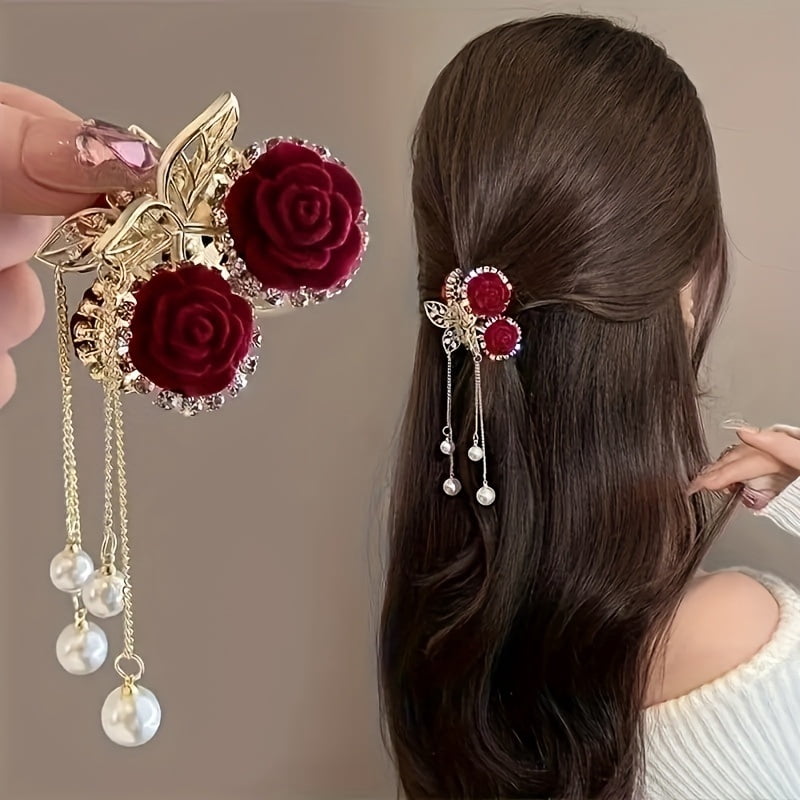 Retro velvet rose butterfly hair clip | Alloy diamond-encrusted duckbill clip for women | Elegant palace style hair accessory