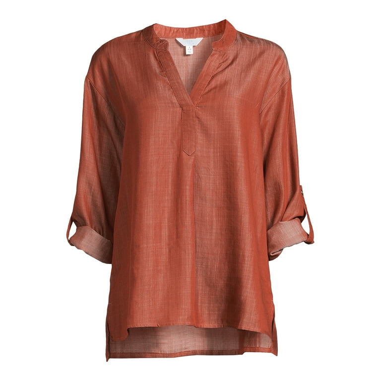 Time and Tru Women's Split Neck Tunic Top with Roll Cuff Sleeves