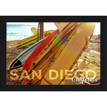 San Diego, California - Surfboards on Beach Rack - Lantern Press Photography (18x12 Giclee Art Print, Gallery Framed, Black (Best Wood For Surfboards)