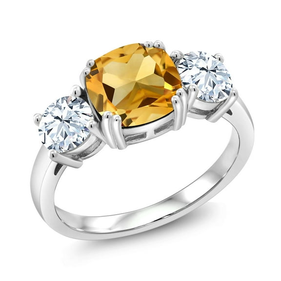 Gem Stone King 4.50 Cttw Yellow Citrine 3-Stone Engagement Ring for Women | 925 Sterling Silver | Gemstone Birthstone | Cushion 8MM | Wedding Engagement Anniversary Promise Ring for Women | Size 9