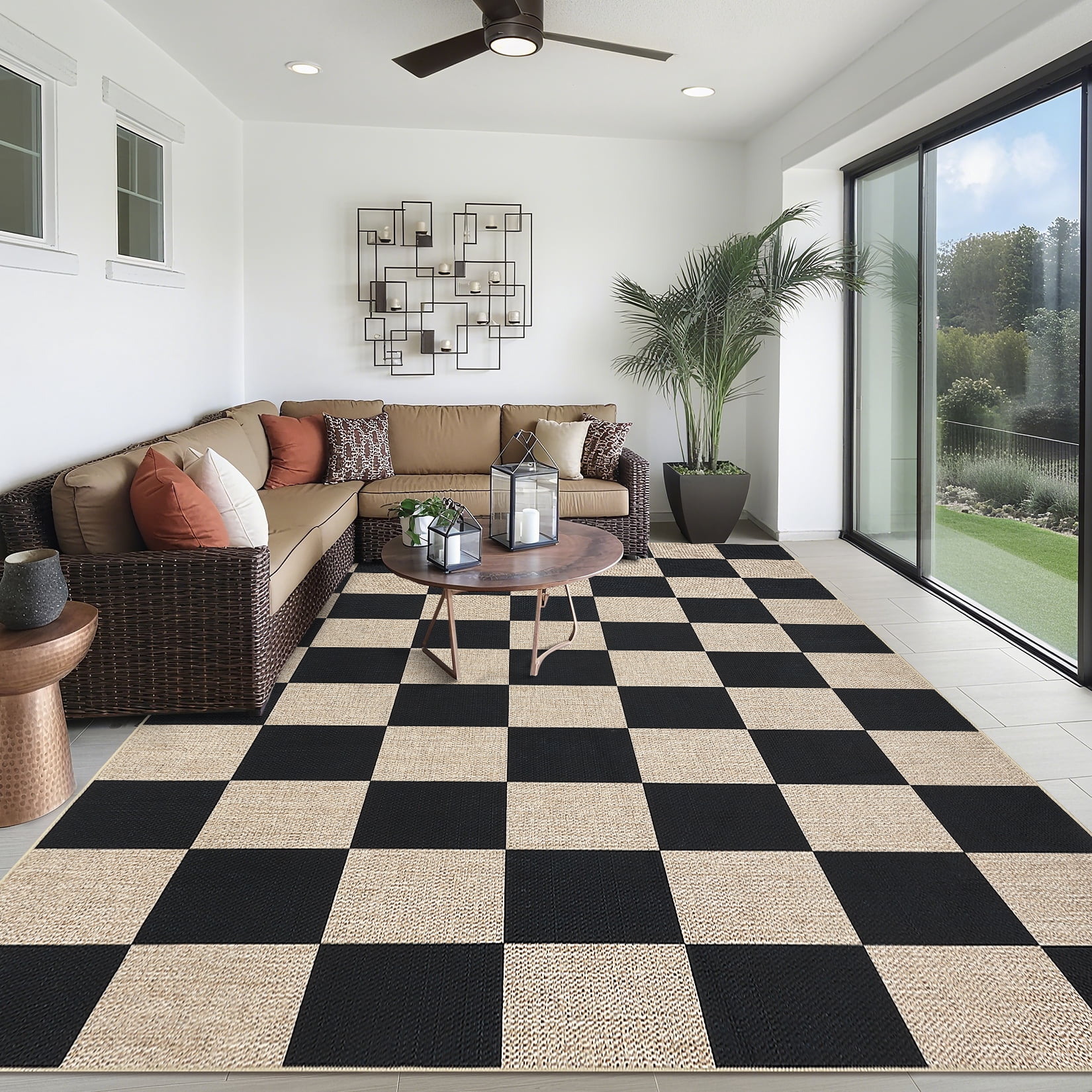 Hasoo Large Washable Rug 9' x 12' Area Rug for Living Room Easy Jute Checker Non-Slip Neutral Indoor/Outdoor Decor Carpet, Black/White