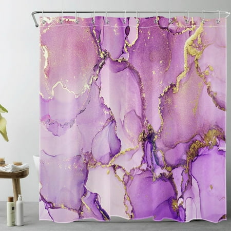 HVEST Abstract Marble Shower Curtain Decor, Gold and Purple Marble Texture Modern Aesthetic Art Shower Curtain for Bathroom 69X70 inch Polyester Fabric Bathroom Decoration Bath Curtains Hooks Included