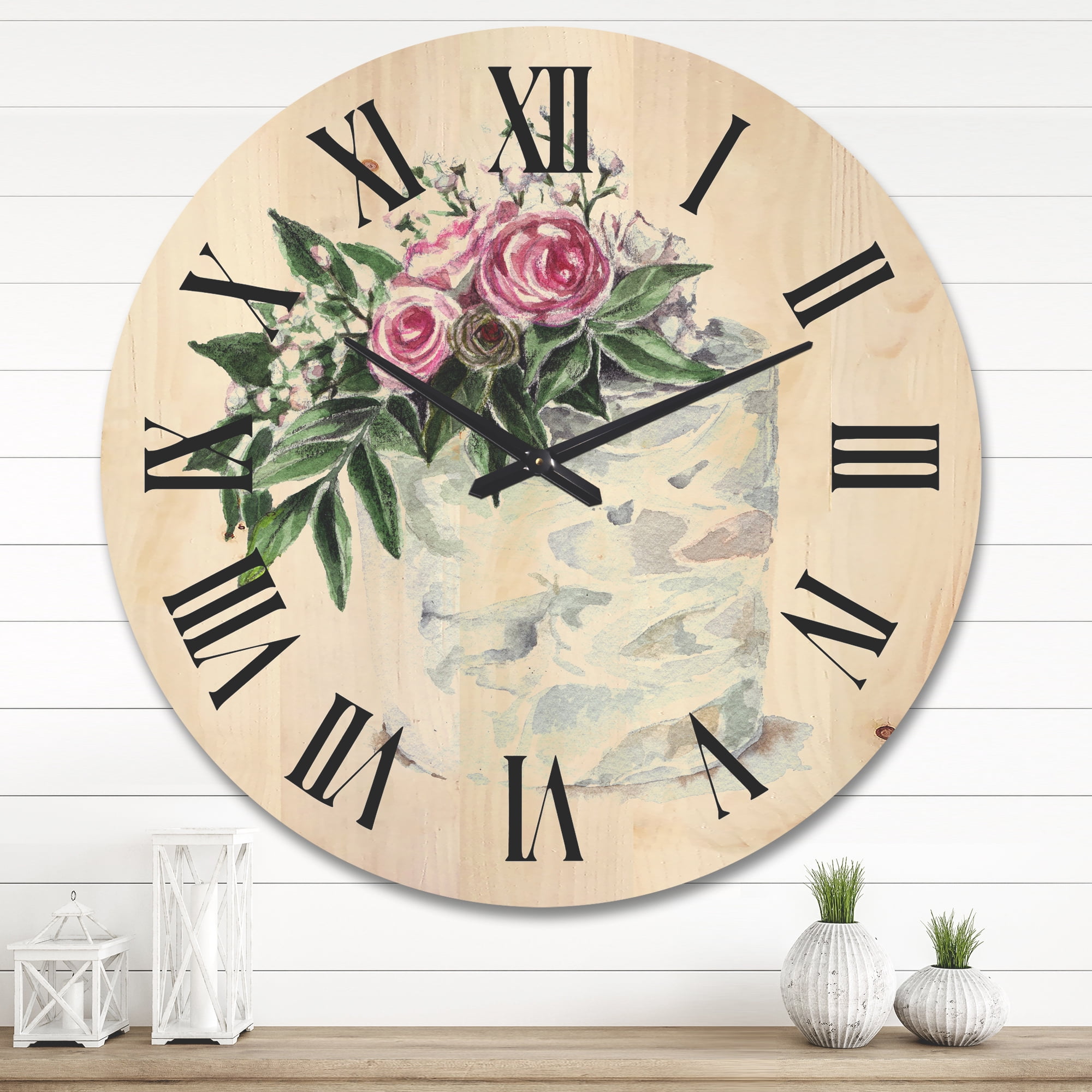 Designart 'White Flowers and Pink Roses On Cake' Traditional Wood Wall Clock