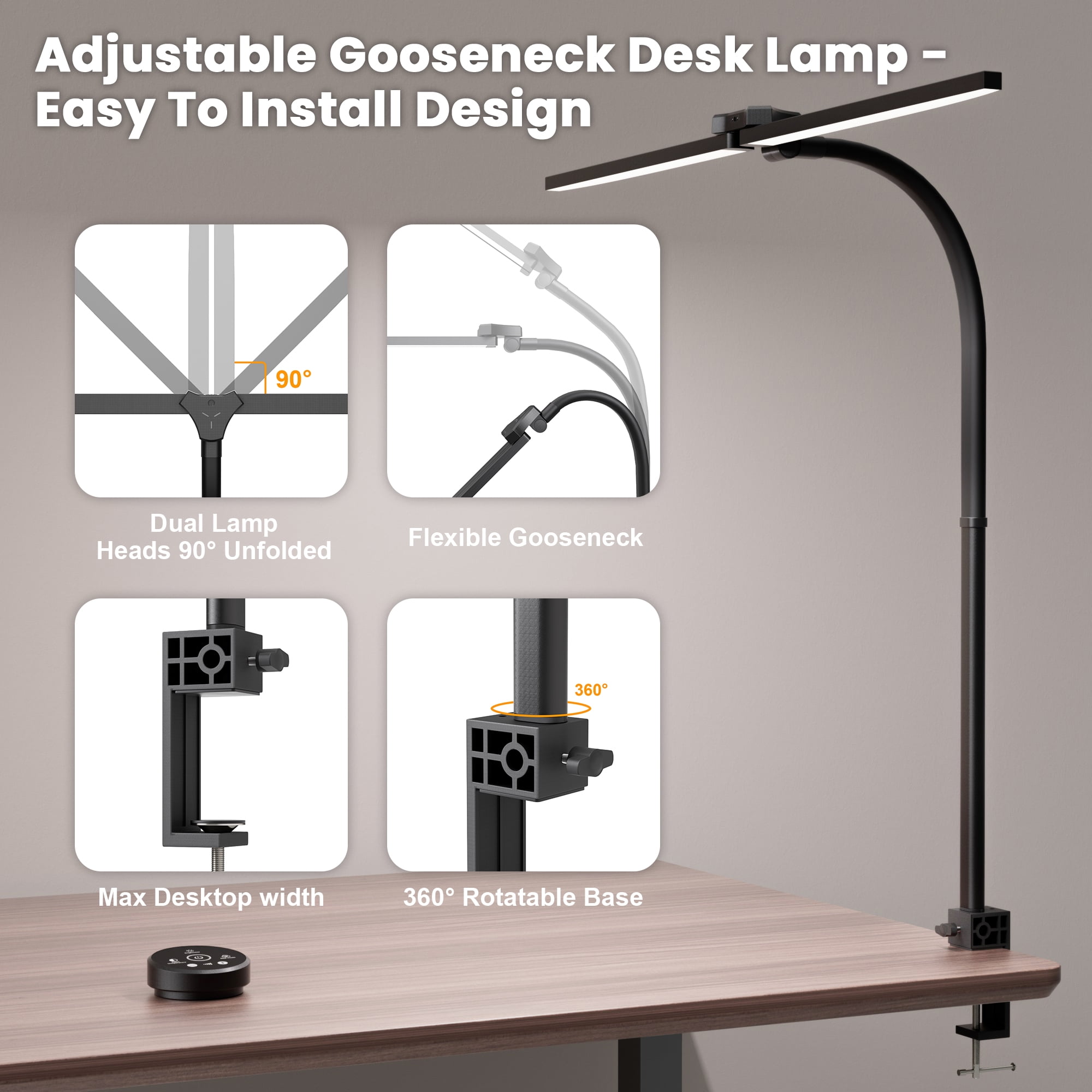 CAALOGT LED Desk Lamp for Home Office, 24W Modern Eye-Caring Architect table Lamp, Adjustable Head, Stepless Dimming