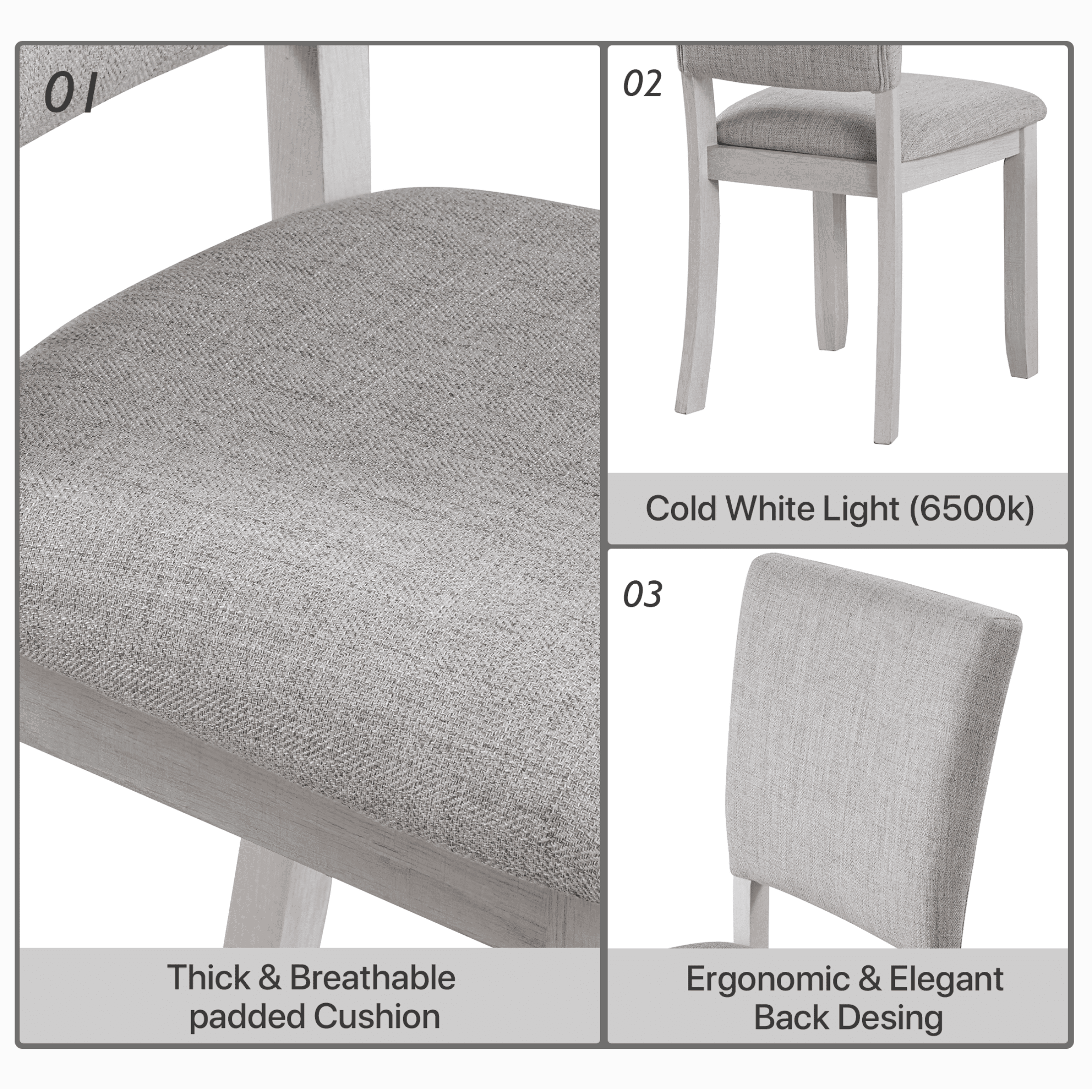 Aukfa Farmhouse Wood Light Gray Upholstered Round Dining Set, 5-Piece