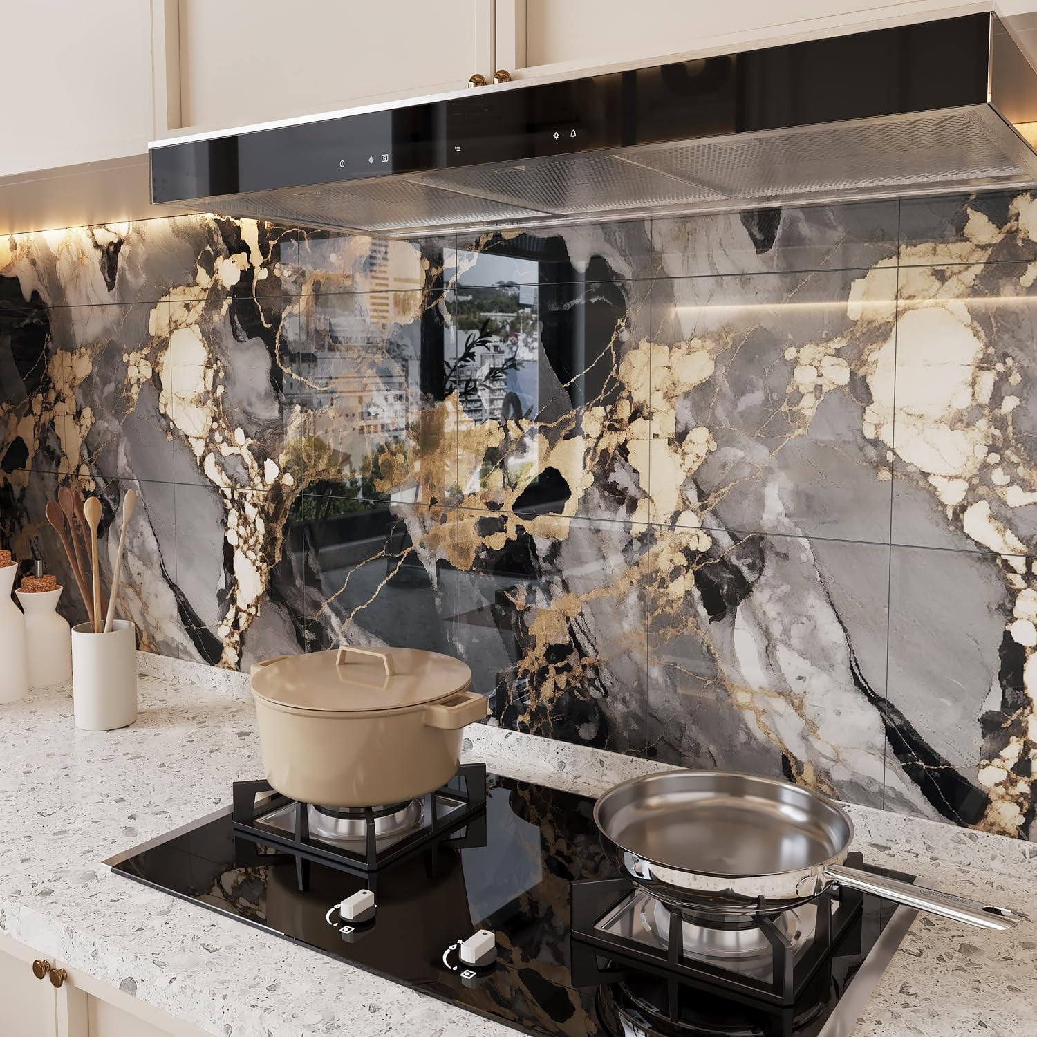 30PCS Marble Peel & Stick Backsplash Wall Tiles, Peel Stick Tile, PVC Foam Wall Panels for Kitchen,Bathroom,Living Room - Black&Gold