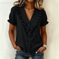 thumbnail image 3 of Cilsoka Women's Ruffle Trim Button Down Shirts Summer V Neck Puff Sleeve Cotton Linen Tops Casual Loose Fit Solid Blouse, 3 of 6