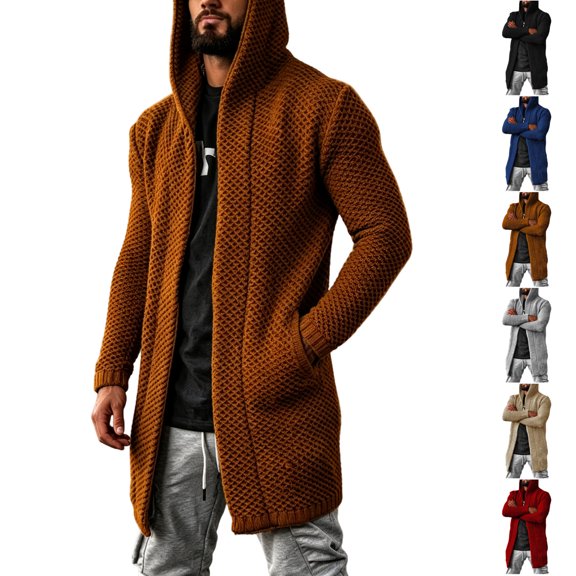 LEKWK Mens Cardigan Sweater Big and Tall Open Front Hooded Long Sleeve Sweater Knit Slouchy Lightweight Soft Fall Winter Casual Lounge Outerwear