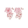 thumbnail image 3 of Loicainy Baby Toddler Girls 3 Piece Valentine's Day Outfit 3 6 9 12 18 Months Long Sleeve O Neck Letter Heart Bow Print Jumpsuit Headband Elastic Waist Pants Clothes Set, 3 of 9