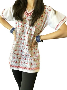 Women Tunic Top, White Red Hand Embroidered Tunic Summer Bohemian Cotton Blouse SM