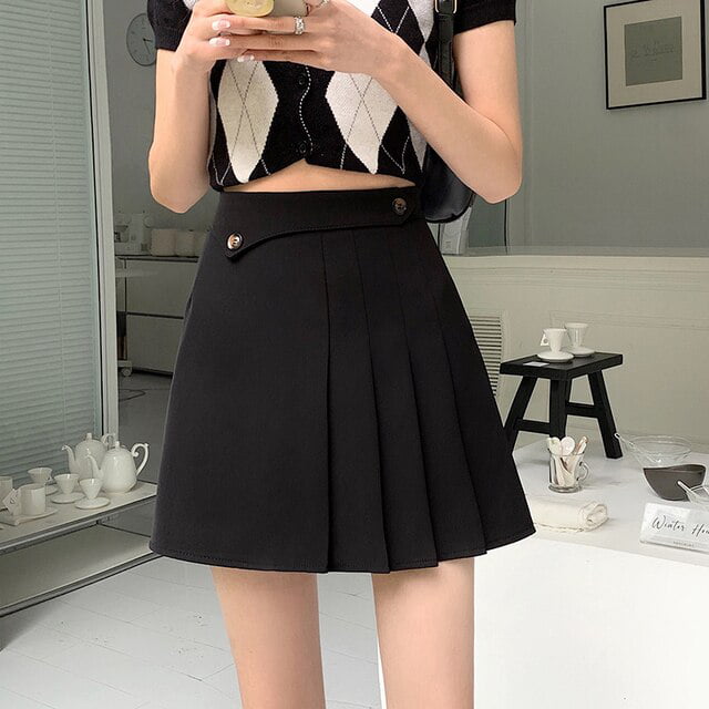 PIKADINGNIS Korean Style Womens Pleated Skirts Black White Casual High  Waist Mini Skirt Female Fashion Streetwear A-line Skirts