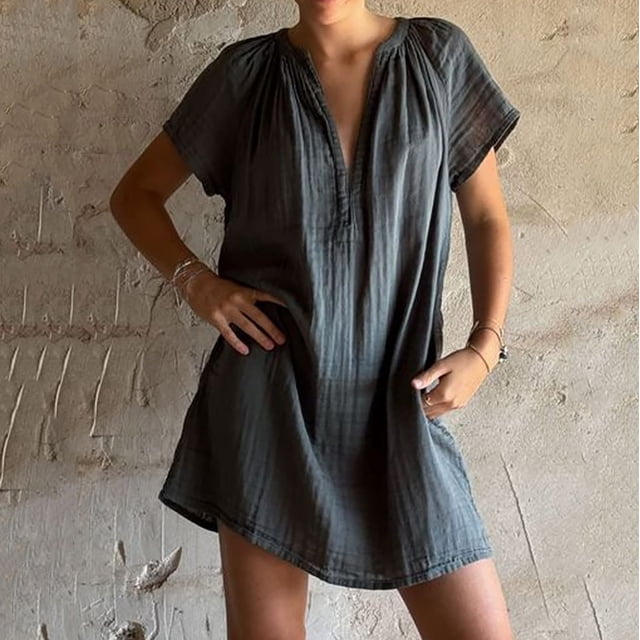 Liquidation d'Été 2025! Robe Grande Taille pour Femmes, Liquidation d'Été pour Femmes, Robe Droite Plissée Multicolore à Manches Courtes et Col en V