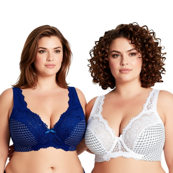 Curve Muse Women's Minimizer Unlined Underwire Bra with Lace Embroidery-2 Pack-Buttermilk Print,Blue Print-34B
