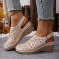 thumbnail image 2 of Hollow out Mules for Women Closed Round Toe Wedge Sandals Trendy Stitching Leather Adjustable Slingback Platform Heels Beige Size 7, 2 of 6