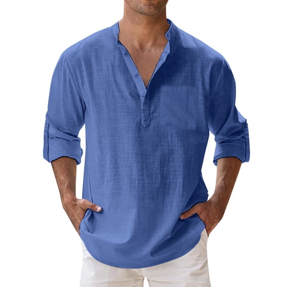 2025 Mens Spring Loose Stand Male Rompers Men Collar Solid Color Pocket Mens Dress Shirts Plus Size Long Sleeve Pullover Shirt