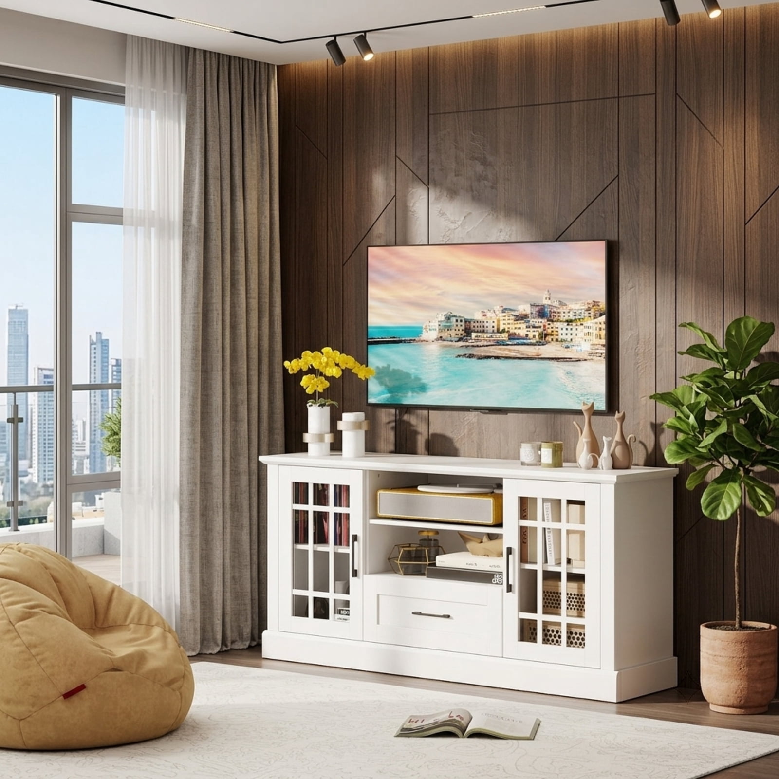 Furnibear TV Stand Entertainment Center for TVs up to 70 Inch with Tempered Glass Doors Cubbies and Drawer for Living Room Media Storage, White