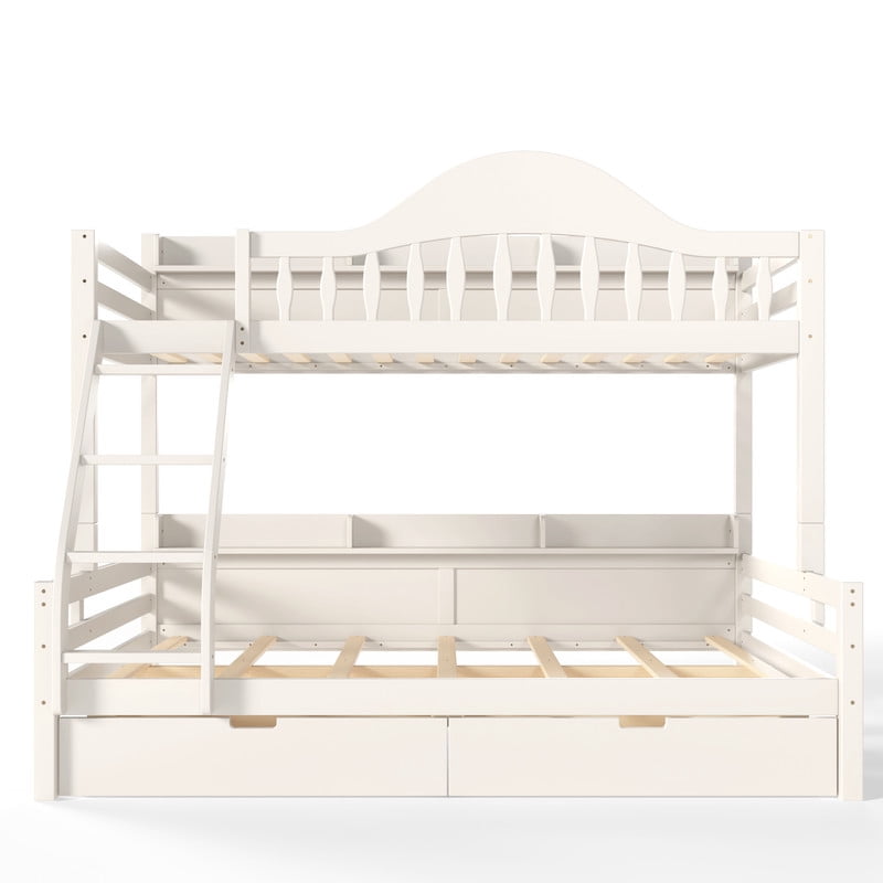 Twin-Over-Full Wood Bunk Bed with Curved Guardrail & Ladder, Chic Kids Storage Bed Frame with Drawers & Bedside Shelves