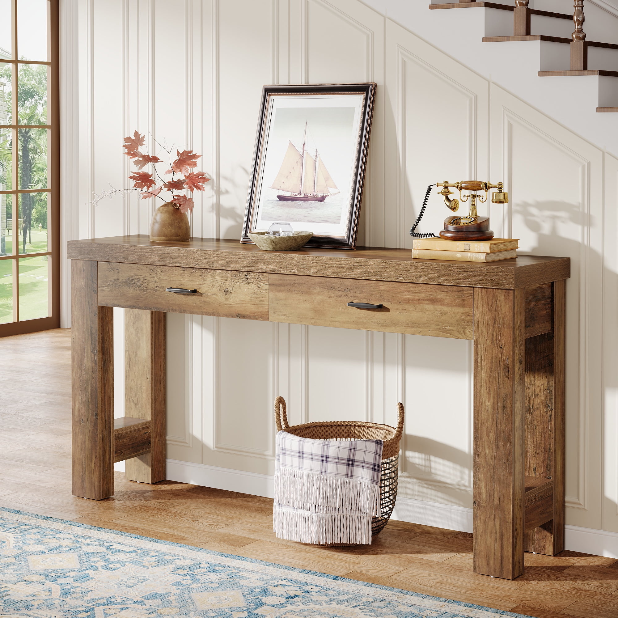 Finmind 63" Console Table: Farmhouse Entryway Table with 2 Drawers & Sturdy H-Shaped Legs for Hallway/Living Room/Bedroom, Rustic Brown