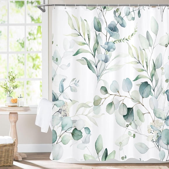 EGNMCR Bathroom Accessories Green Floral Shower Curtain Modern Plants Botanical Fabric Cloth Shower Curtains For Elegant Bathroom Decor Watercolor Eucalypt With 12 Hooks Shower curtain
