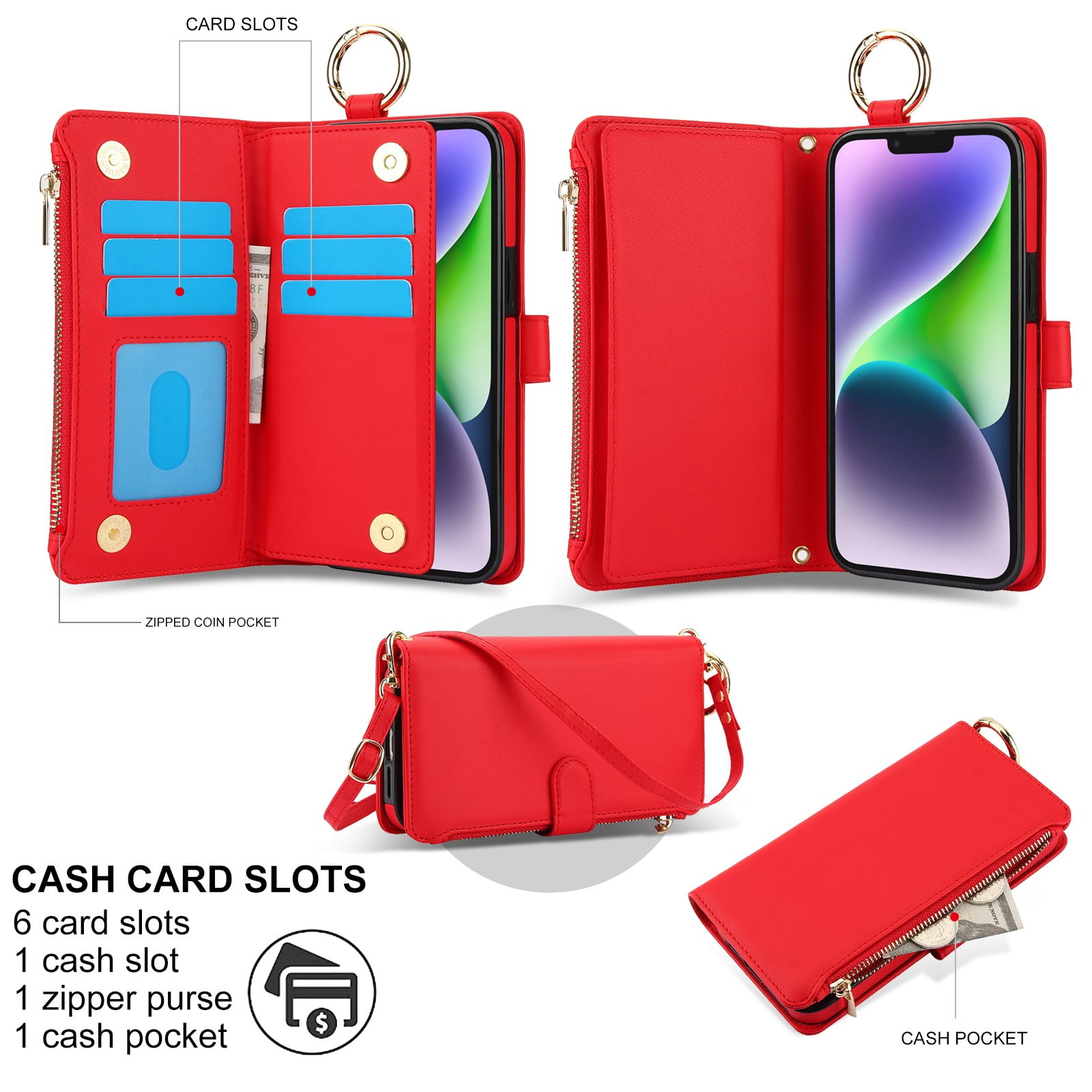 ELEHOLD For iPhone 13 Phone Case Leather Crossbody Zipper Card Wallet Flip Case Kickstand Cover, with Ring Holder,Full Body Protection-Red
