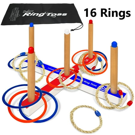 Funsparks - Ring Toss Deluxe - Includes 16 Rings, 8 Rope & 8 Plastic. Carry Bag Included - Easy to Assemble - Fun Family and Friends Toss Yard Games for Kids - Outdoor Toys for Kids