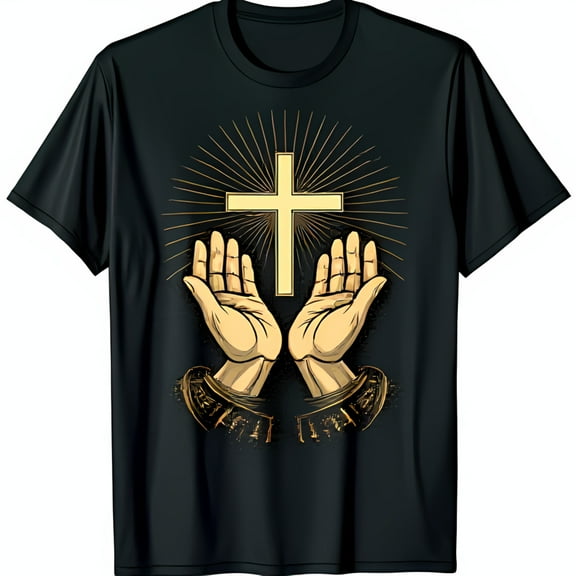 Black T-Shirt with Prayer Hands and Golden Graphic Hopeful Design