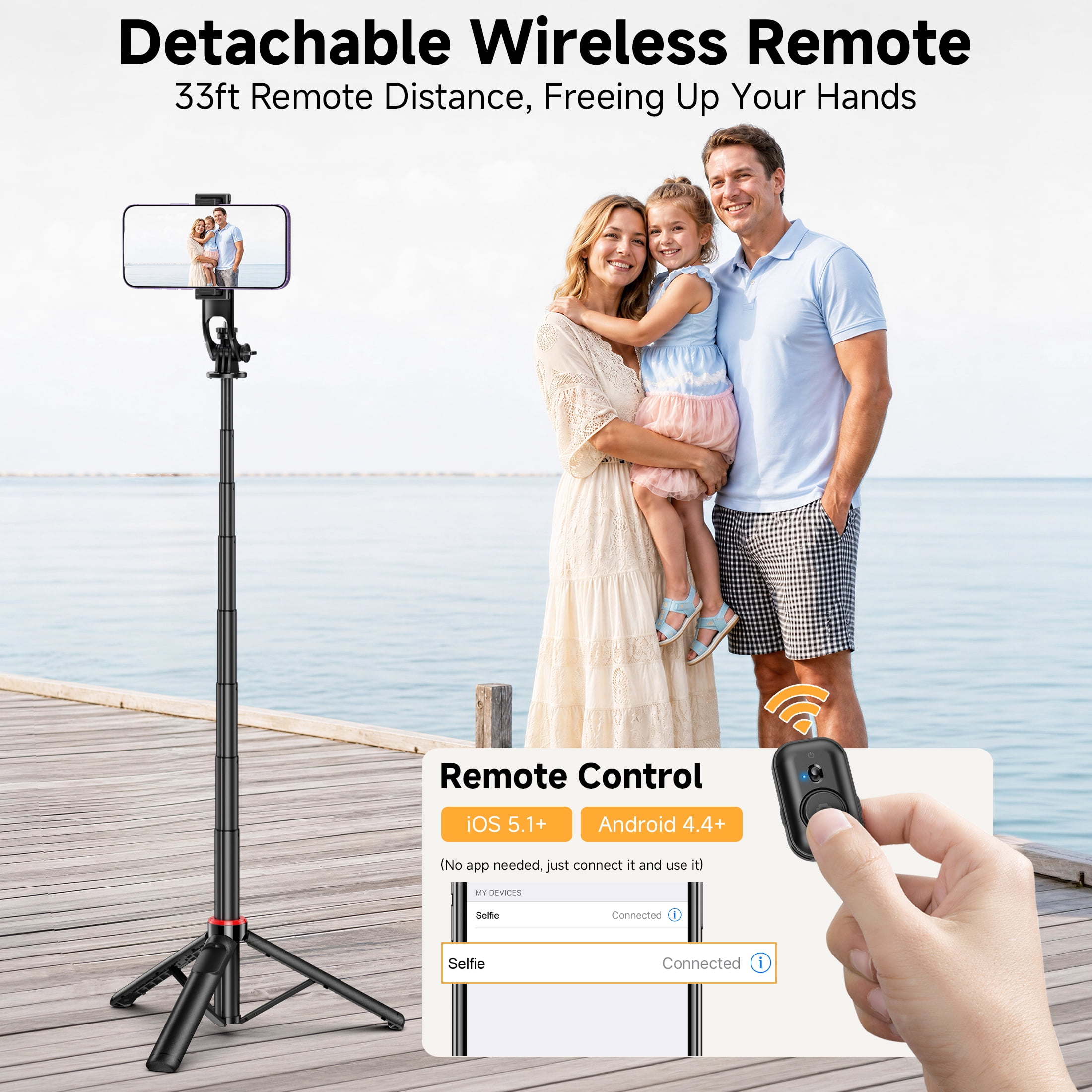 SelfieShow Selfie Stick, 52" Extendable Phone Tripod with Detachable Wireless Remote & Phone Stand, Compatible with iPhone android, Camera, Black