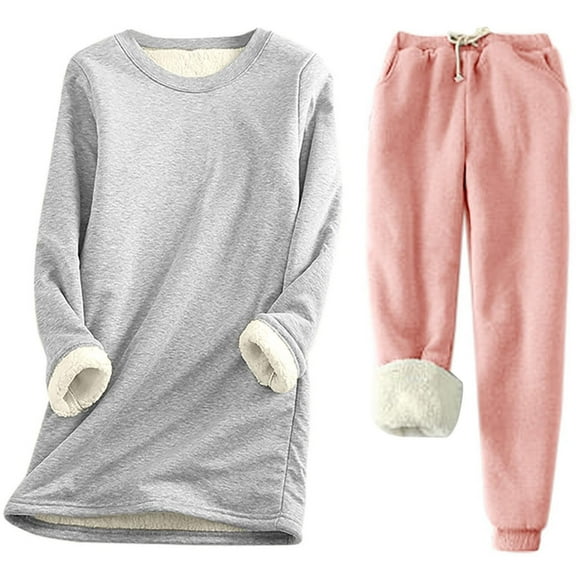 Diufon 2pc Womens Warm Outfits Long Sleeve Sweatshirts Elastic Waist Drawstring Pants Padded Sets