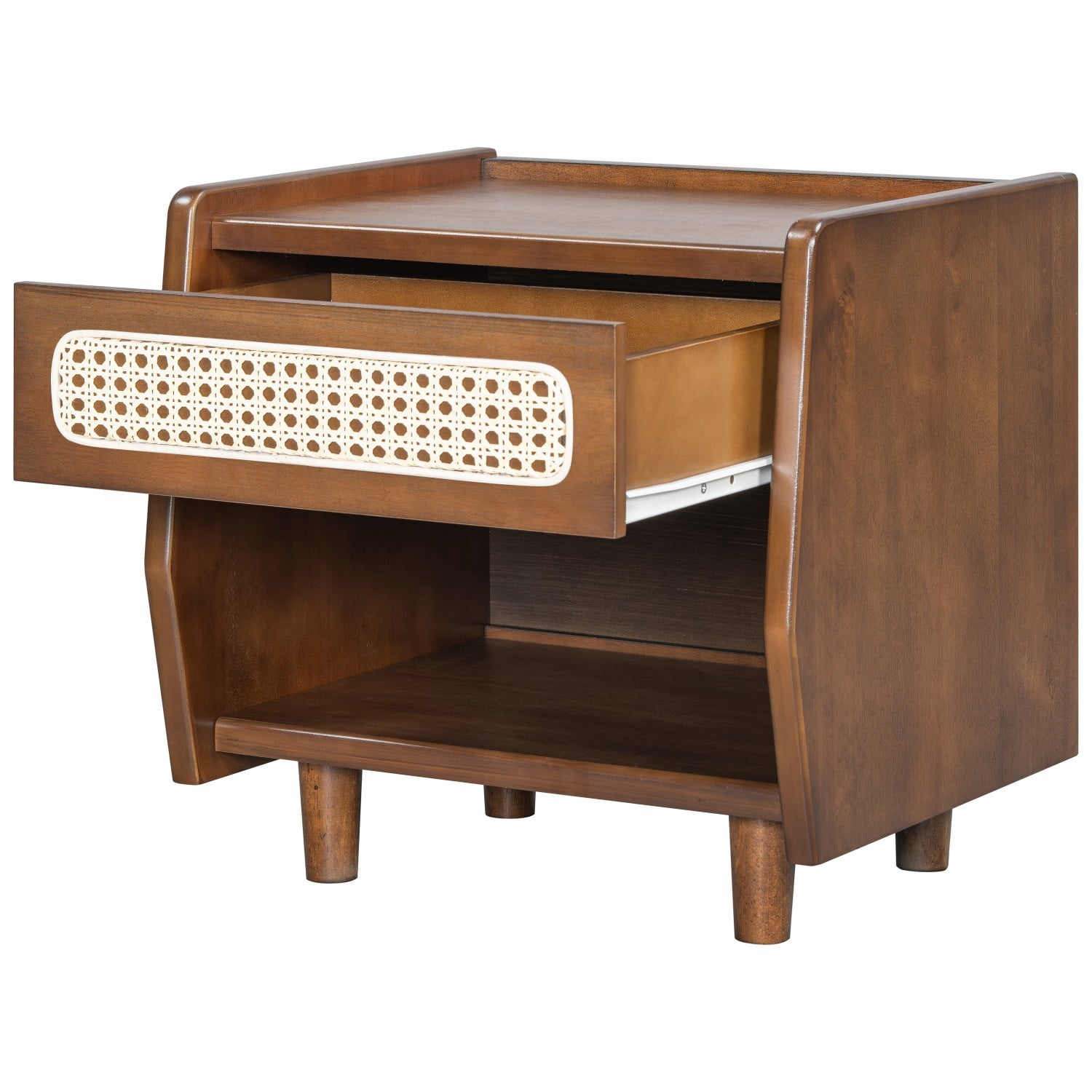 Walnut Nightstand with Rattan Detail, Modern Bedside Table with Drawer and Open Shelf, MDF & Solid Wood Storage End Table for Bedroom Living Room Apartment