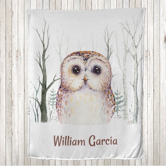 Owl Throw Blanket, Innocent Big Eyed Bird Watercolor Portrait Woods Bare Branches Winter Trees, Flannel Fleece Accent with Custom Name Photo Backdrop, 60" x 40", Peach and Sage Green, by Ambesonne